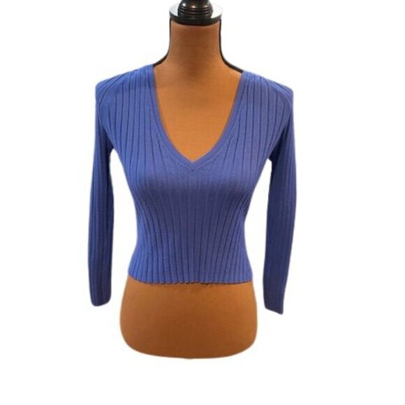 Zara Tops - Zara Ribbed Deep-V Cropped Long Sleeve Sweater in Blue – Size Medium
